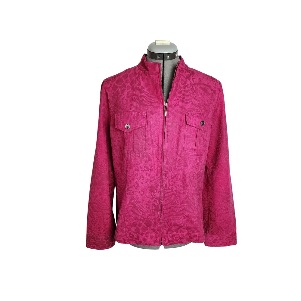 Chico's Magenta Pink Animal Print Zip Front Mock Neck Jacket Size 1 Medium